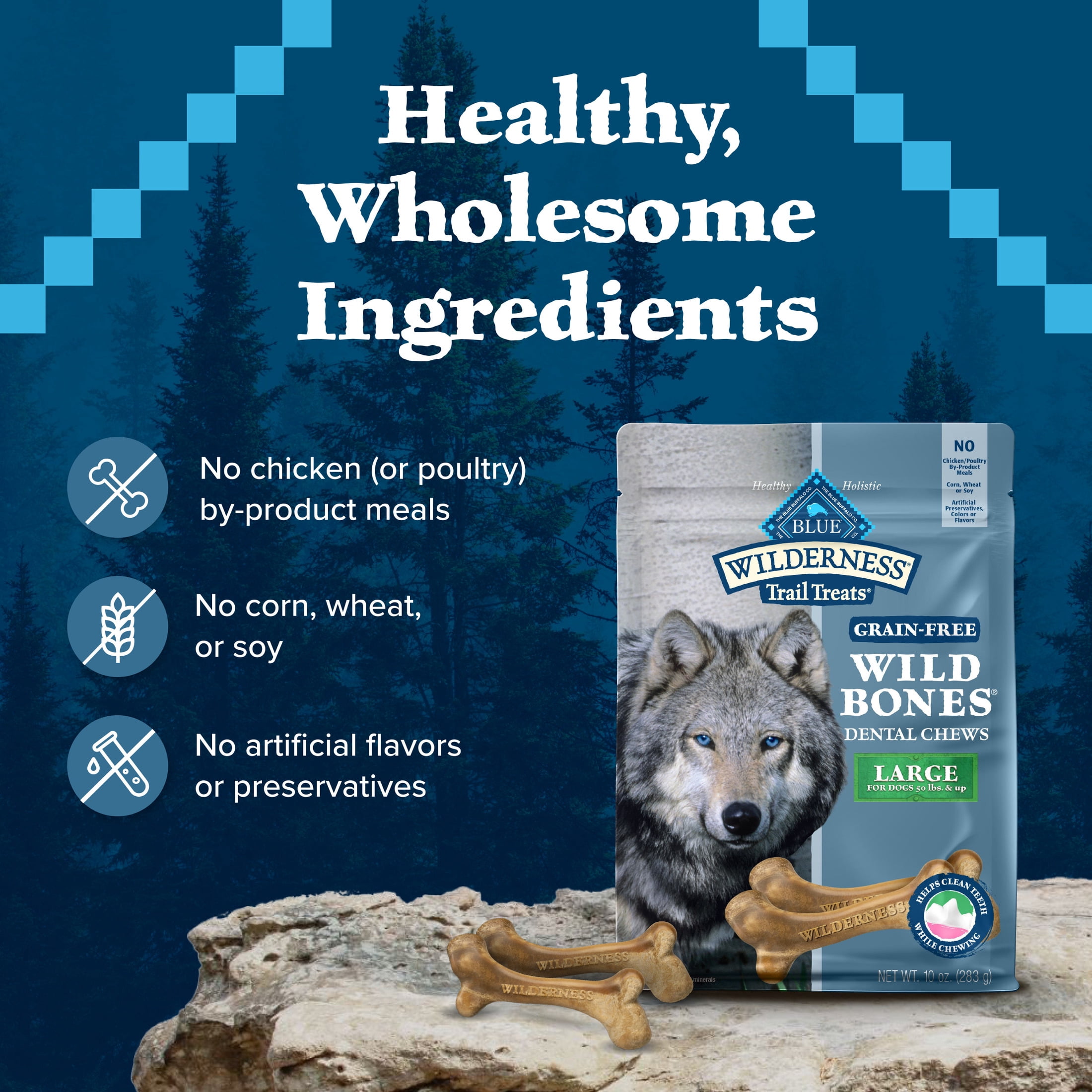Blue Buffalo Wilderness Trail Treats Wild Bones, Large Dental Chews For Large Dogs, 10-oz.