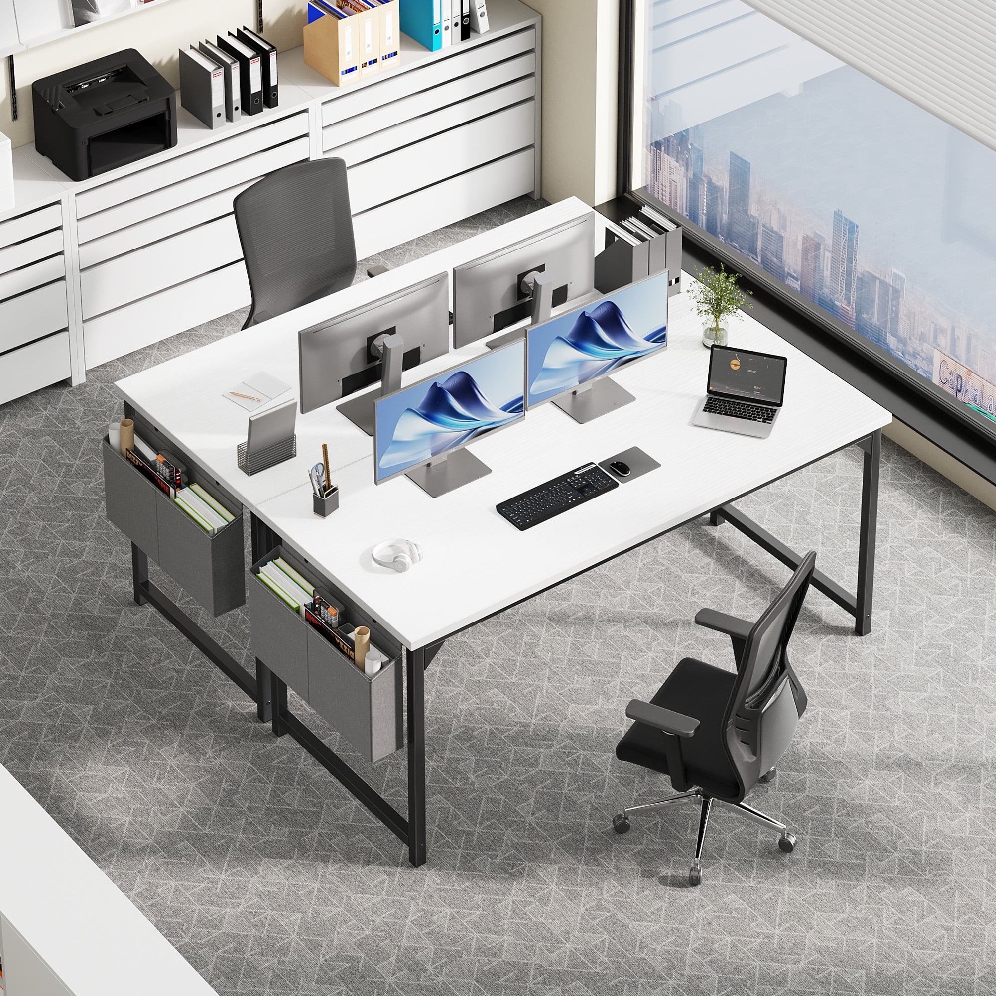 CONCETTA 63 Inch Computer Writing Desk with Storage Bag, Steel Frame for Home Office Study, White