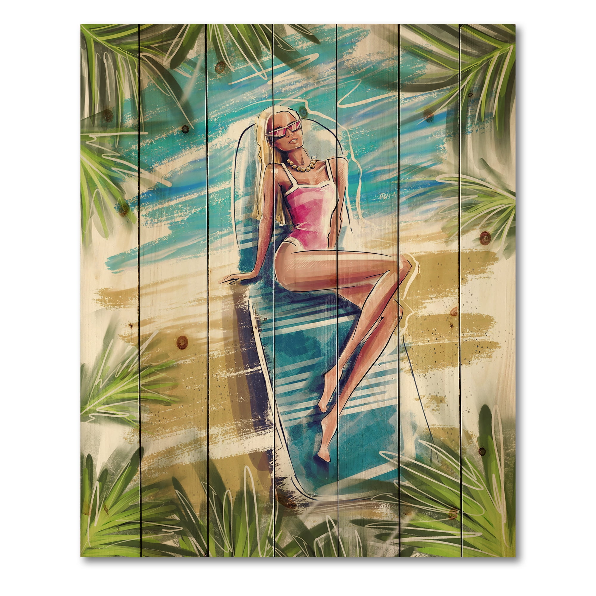 Designart 'Portrait Beautiful Blond Model At The Beach Sunbathing' Nautical & Coastal Print on Natural Pine Wood