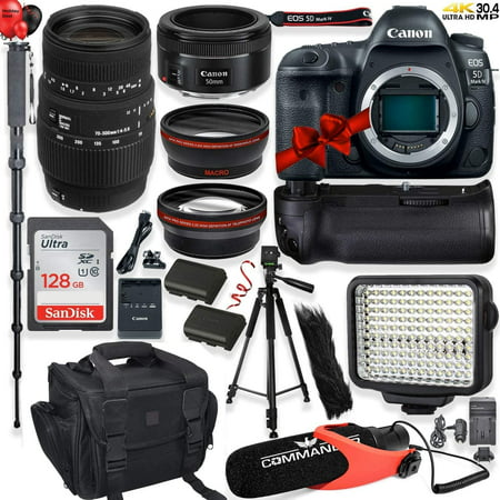 CanonEOS 5D Mark IV DSLR Camera Bundle with Canon 50mm f/1.8 STM Lens & Sigma 70-300mm Macro Zoom Lens + Power Battery Grip, LED Video Light & Microphone Accessory Kit