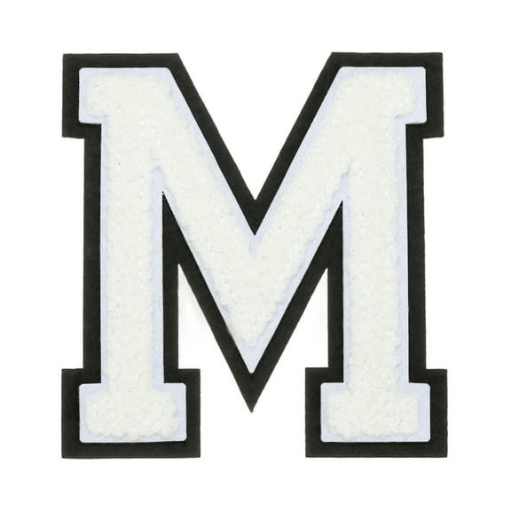 4" Chenille Letter Patches,White Chenille Initial A-Z Patches (Letter M)
