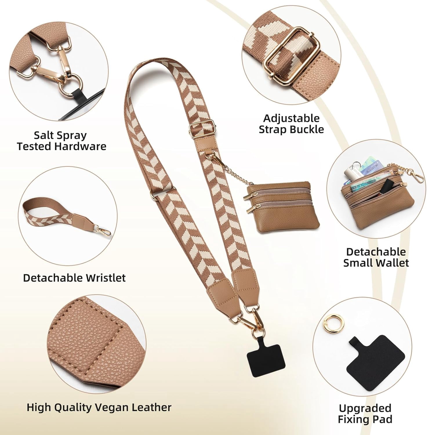 Crossbody Phone Strap with Zippered Pouch,Clip and Go Strap for Phone with Wallet,Adjustable Phone Lanyard Wrist Strap