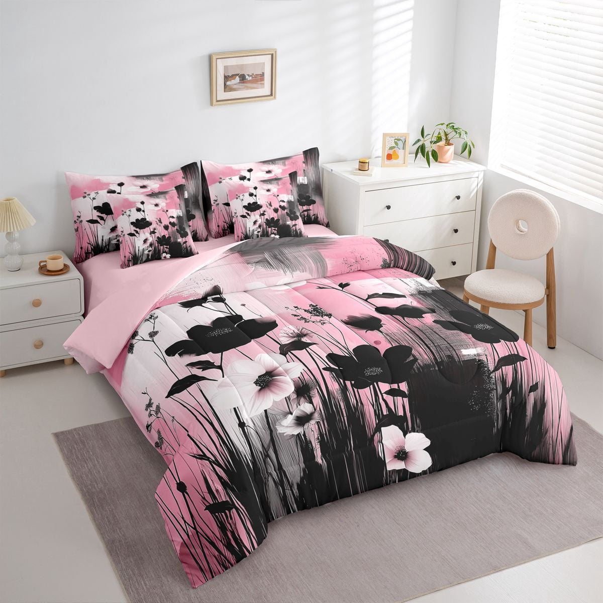 Homewish Black Pink Flowers 7-Piece Twin Bedding Sets For Teens Boys Girls,Abstract Watercolor Artwork Bedding Comforter Set,Retro Vintage Breathable Sheet Sets,Luxury Bedroom Decor,Reversible