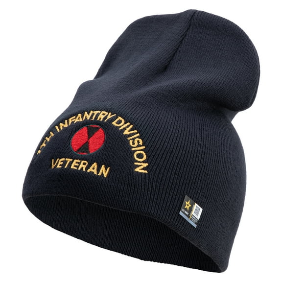 U.S. Army 7th Infantry Division Symbol Embroidered 8 Inch Solid Knit Short Beanie Made in USA - Navy OSFM