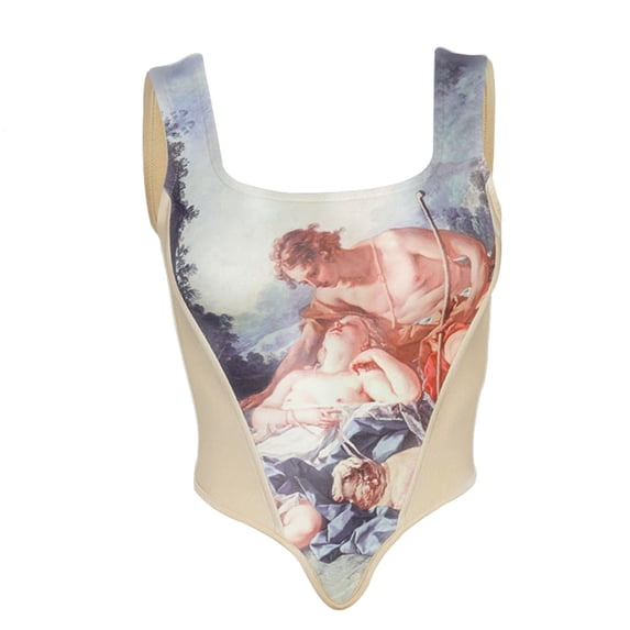 One opening Women Sexy Pullover, Sleeveless/Long Sleeve Square Collar Angel Print Crop Top (Apricot)