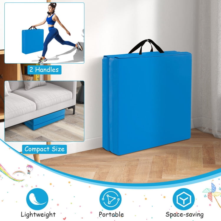 Resenkos Gymnastics Mat, Exercise Tumbling Mat,6 x 2 FT Tri-Fold Gym Mat with Handles and Removable Zippered Cover-Blue