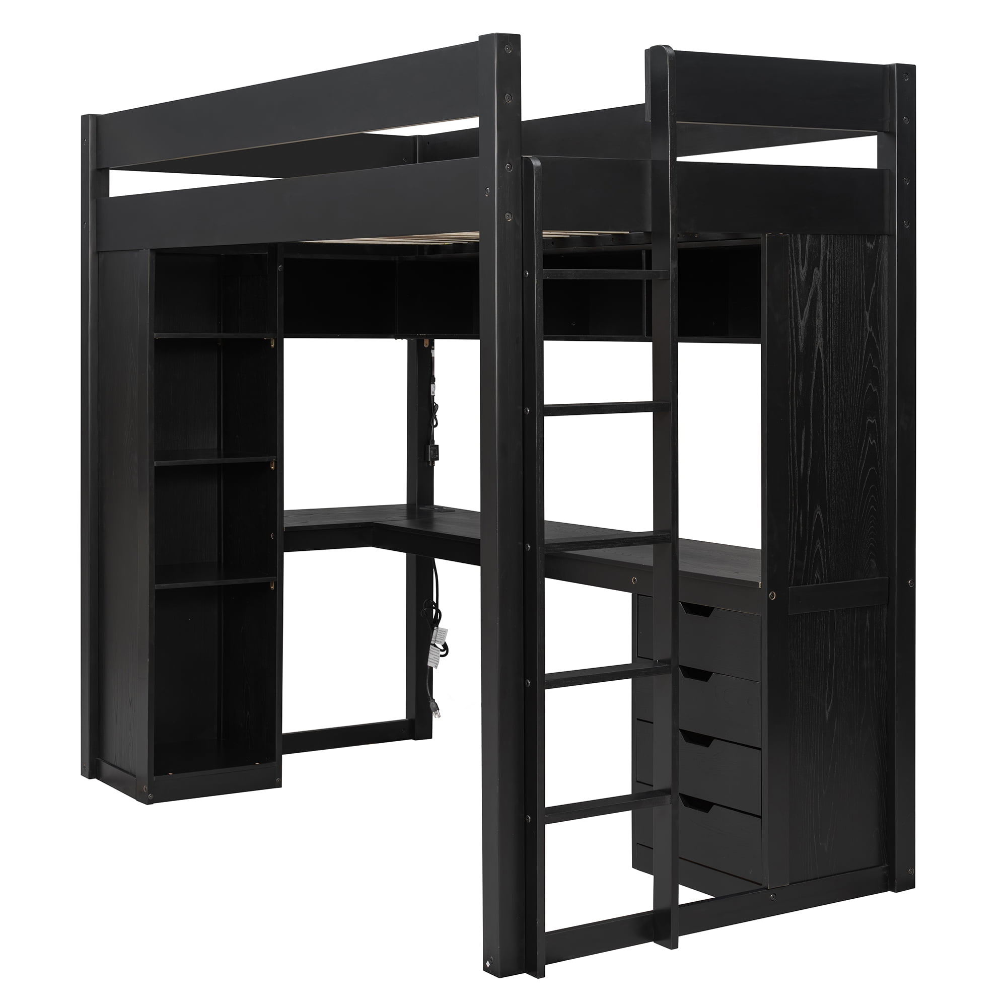 Mintazer Twin Loft Bed with L-Shaped Desk & Smart LED Lights and Charge Station, Modern Loft Bed with 4 Storage Drawers & Shelves, Black