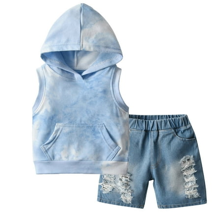 

DNDKILG Infant Baby Toddler Girls 2 Piece Summer Outfits Clothes Set Print Short Sleeve Hooded Tank Top and Shorts Set with Blue 6M-4Y 80