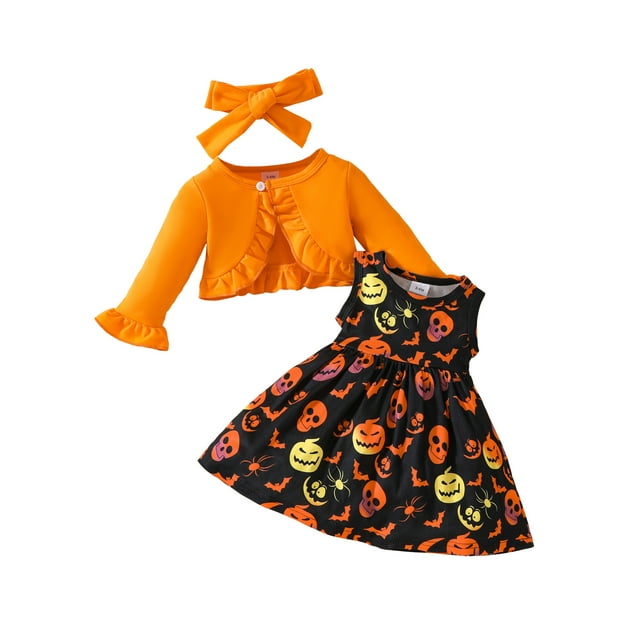 Honganda 3 Pcs Girl Halloween Set Ruffled Long Sleeve Coat Pumpkin Bat Print Tank Dresses Headband Outfits