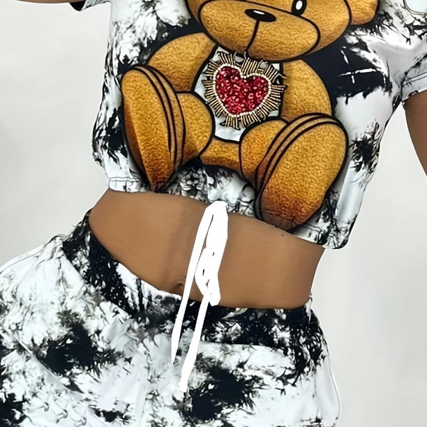 Conjunto De Dos Piezas Con Estampado De Oso De Dibujos Animados, Camiseta De Manga Corta Con Cordón Y Pantalones Cortos Con Cintura Elástica, Ropa De Mujer