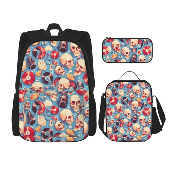 Balery music Skull record Retro Mochila escolar 3 en 1 para niños: mochila resistente con lonchera térmica y estuche para lápices. Mochila escolar para niños y niñas.