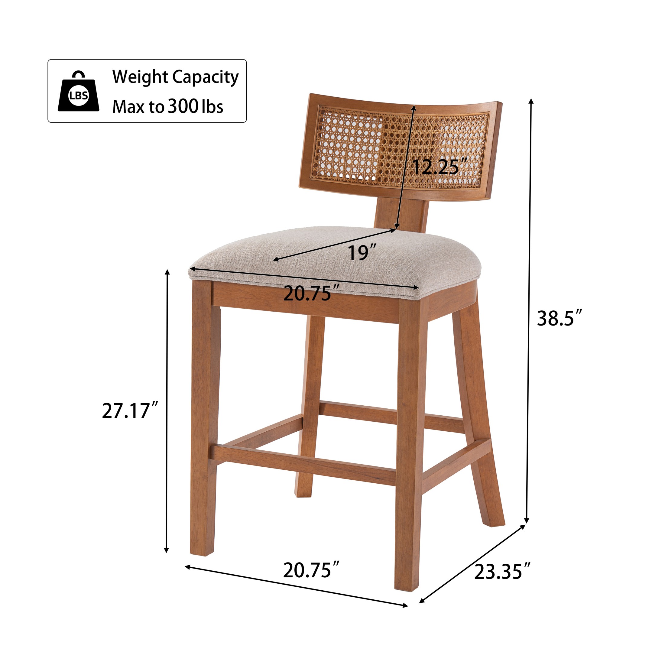 Christopher Knight Home Wood Armless Counter Stools, Upholstered Seat with Rattan Back, Walnut, Set of 2