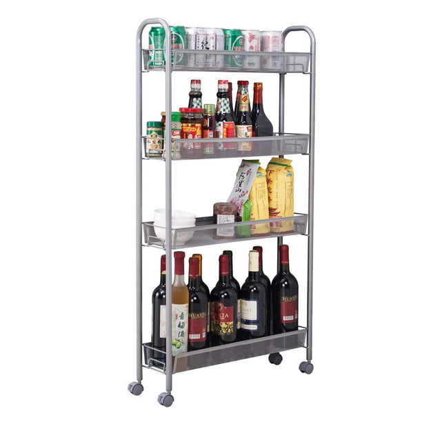 DWVO Slim Rolling Kitchen Cart With Wood Top – 4-Tier Mobile Storage Cart For Small Spaces, White