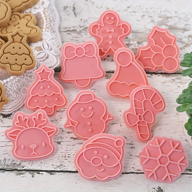 10 Pieces/set, Cartoon Christmas Cookie Molds, Gingerbread Man Snowflake Hat Bell Christmas Element 3D Embossed Molds, Baking, Kitchen Utensils, Kitchen Accessories