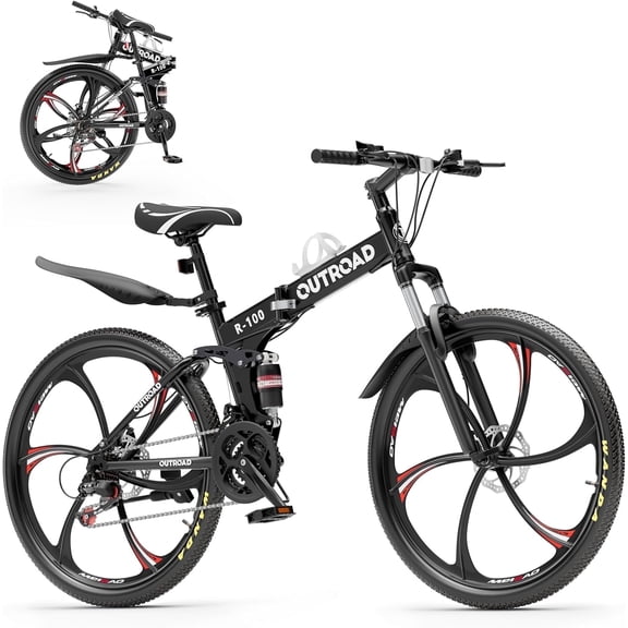Marknig 26 Inch Folding Mountain Bike, 21 Speed Full Suspension High-Carbon Steel MTB Foldable Bicycle, Dual Disc Brake Non-Slip Folding Bikes for Adults, Black