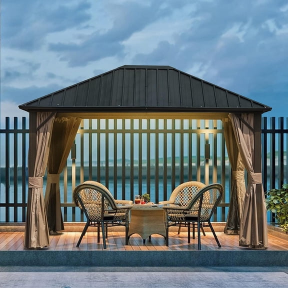 Domi Hardtop Gazebo 10' X 12', Permanent Outdoor Galvanized Steel Roof Gazebo with Aluminum Frame, Pavilion Metal Gazebos with Netting & Curtains for Garden, Patios, Lawns, Parties(Dark Brown)