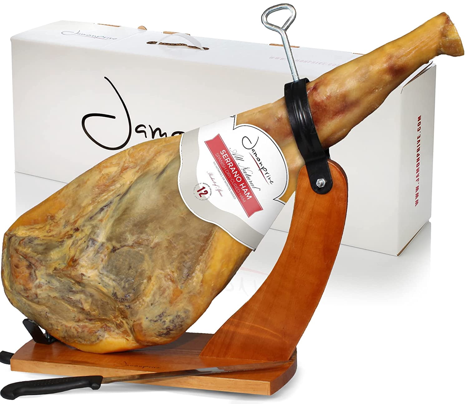 Jamonprive Serrano Ham Bone in from Spain 15-17 lb with Ham Holder & Knife - Pork Ham Spanish Jamon Serrano