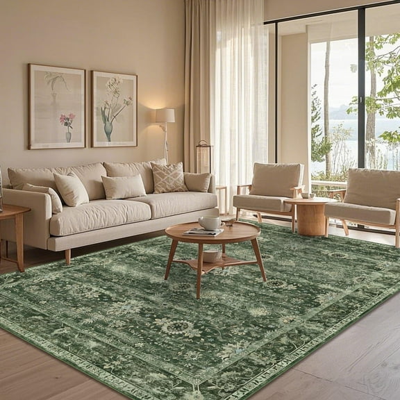 Area Rugs for Living Room 5x7, Yamaziot Distressed Vintage Washable Rug, Non Slip Soft Low Pile Indoor Carpet, Accent Floor Mat for Bedroom Dinning Room Office, Green