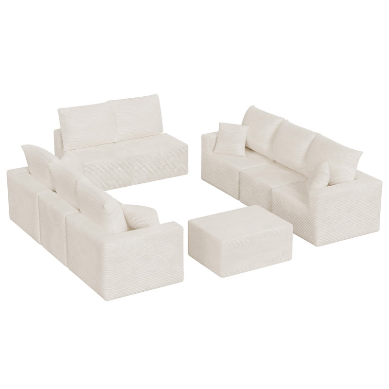 Lacoo Modular Sectional Sofa Set, Cloud-Like Corduroy Seating Couch with Ottoman & Pillows, Oversized L-Shaped Modular Sofa for Living Room, Home Theater, Beige