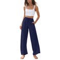 thumbnail image 4 of Sewkxo Women's Cotton Linen Pants Summer Drawstring Elastic Waisted Palazzo Pant Casual Wide Leg Beach Trousers with Pockets,Navy L, 4 of 5