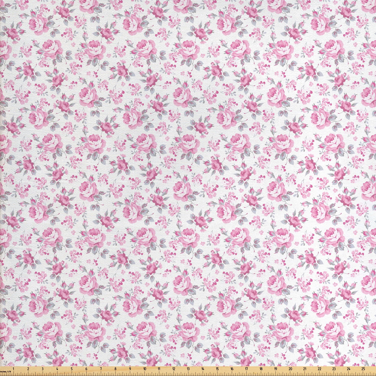 Shabby Flora Fabric by The Yard, Pink Roses with Grey Leaves Garden