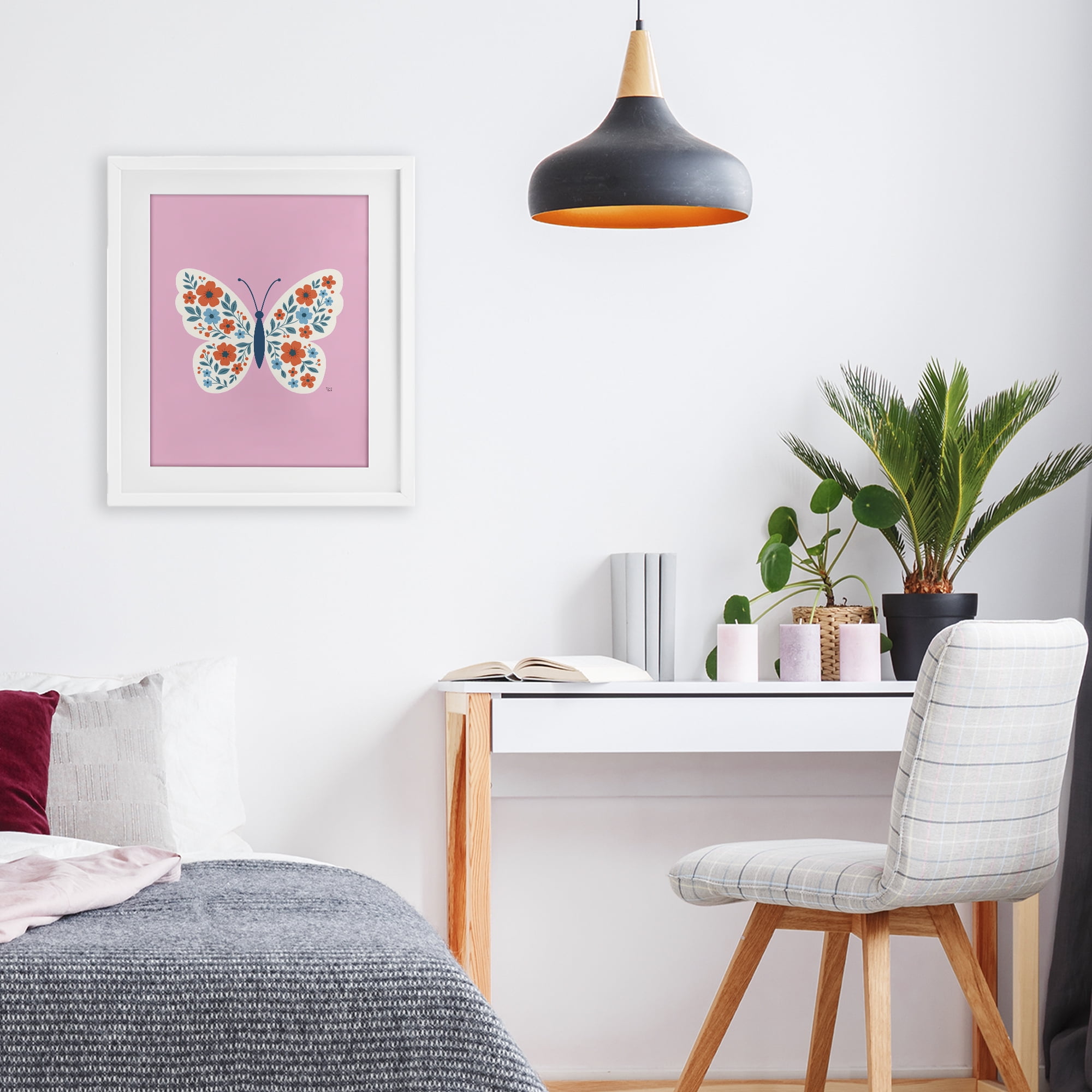 Boho Pink Floral Butterfly White Framed Print Under Glass, design by Jessica Beck