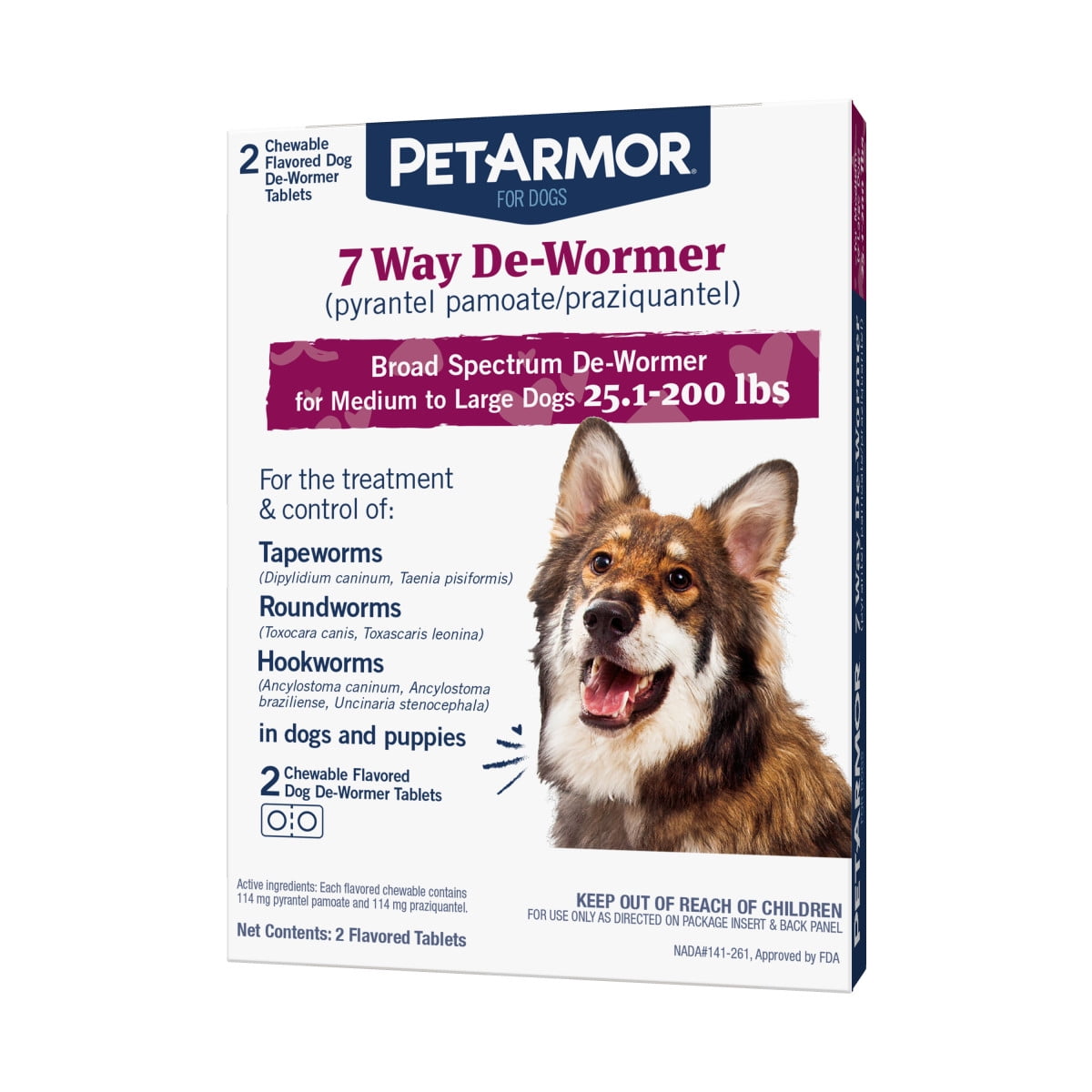 PETARMOR 7 Way De-Wormer (pyrantel pamoate and praziquantel) for Medium and Large Dogs, 25.1-200 lbs, Chewable, 2 Chewable Tablets