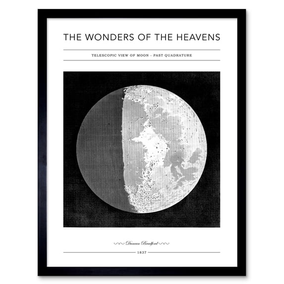 Wonders of the Heavens Duncan Bradford Telescopic View of Moon Past Quadrature Antique Telescopic Classic Illustration Framed Wall Art Picture Print 12x16 inch