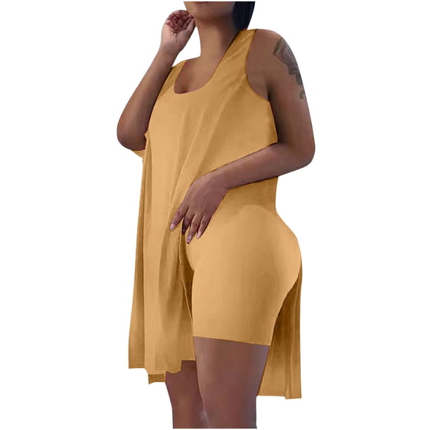 Mujeres Casual Tallas grandes Trajes de 2 piezas Sin mangas Tops sueltos Flacos U-cuello Biker Shorts Conjuntos Chándales Pompotops qwe22389