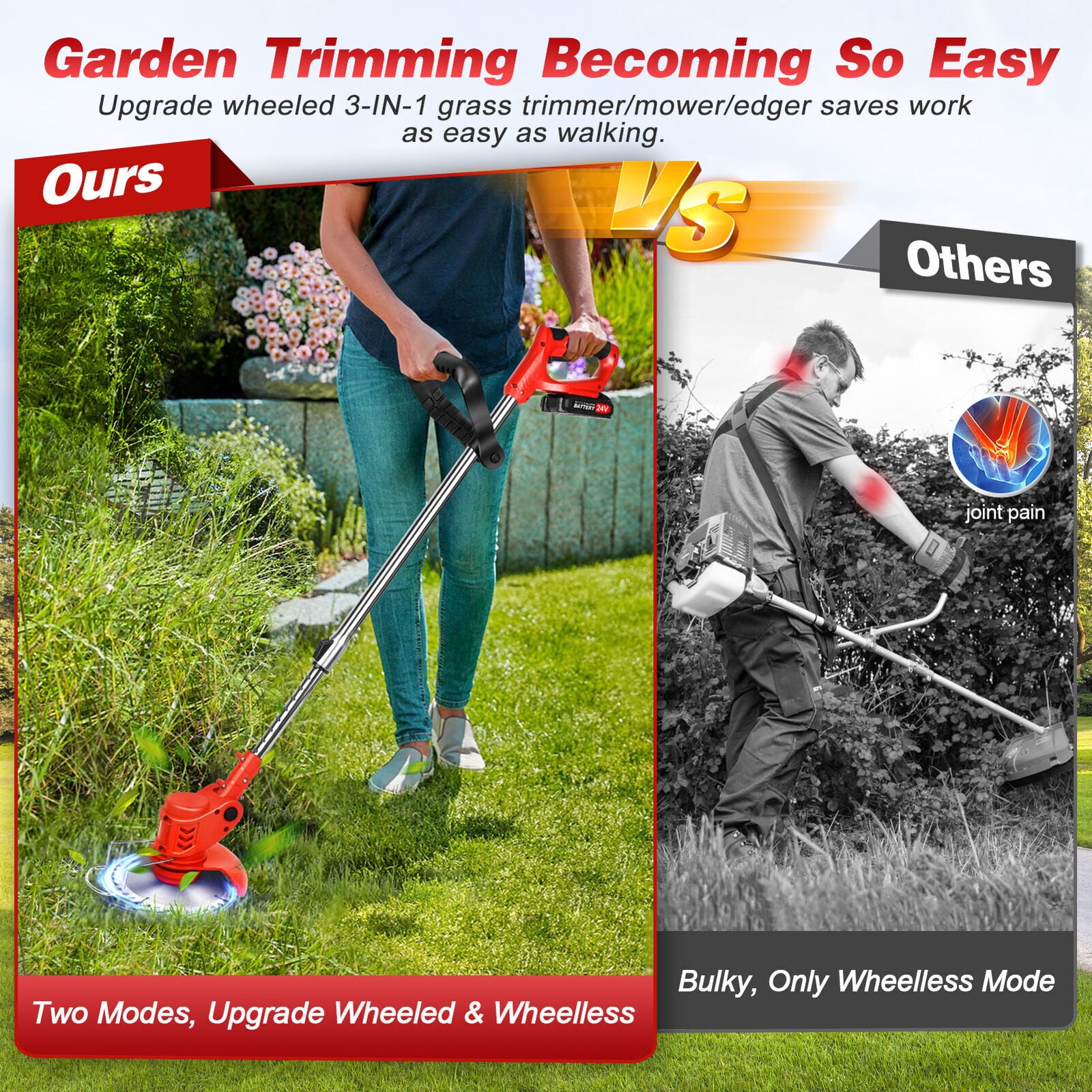 Cordless Weed Eater String Trimmer, 3-in-1 Lightweight Push Lawn Mower & Edger Tool with 3 Types Blades, 21V 5.0 Li-Ion Battery, for Garden and Yard