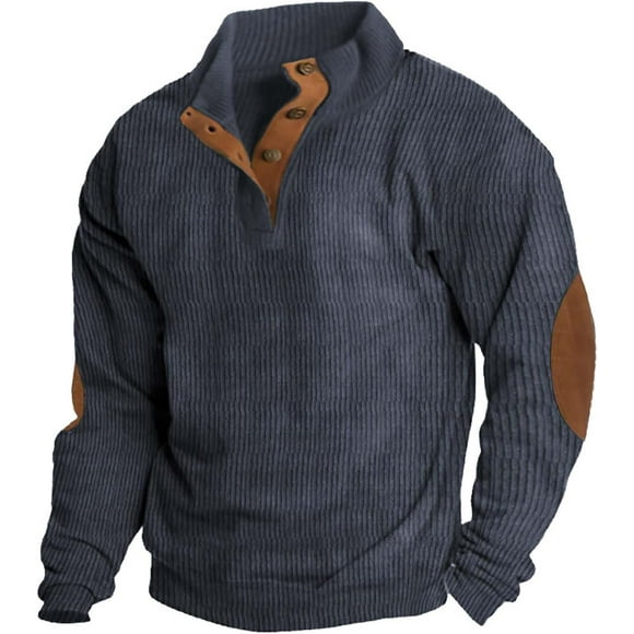 Mens Corduroy Shirt Lapel Collar Button Up Pullover Mock Neck Long Sleeve Sweaters Polo Sweatshirts with Elbow Patches