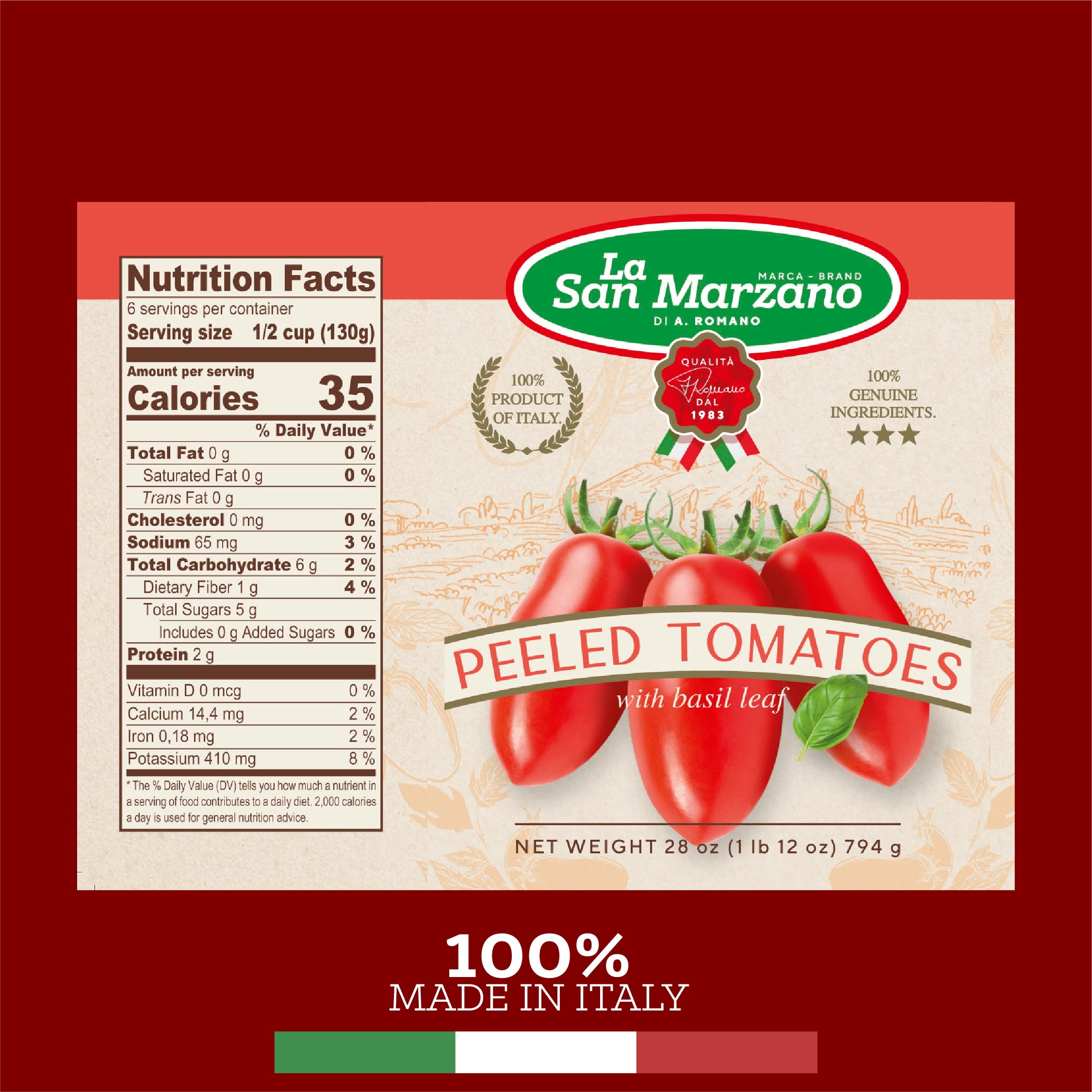 La San Marzano Italian Whole Peeled Tomatoes in Puree with Basil 28oz can (Pack of 6)