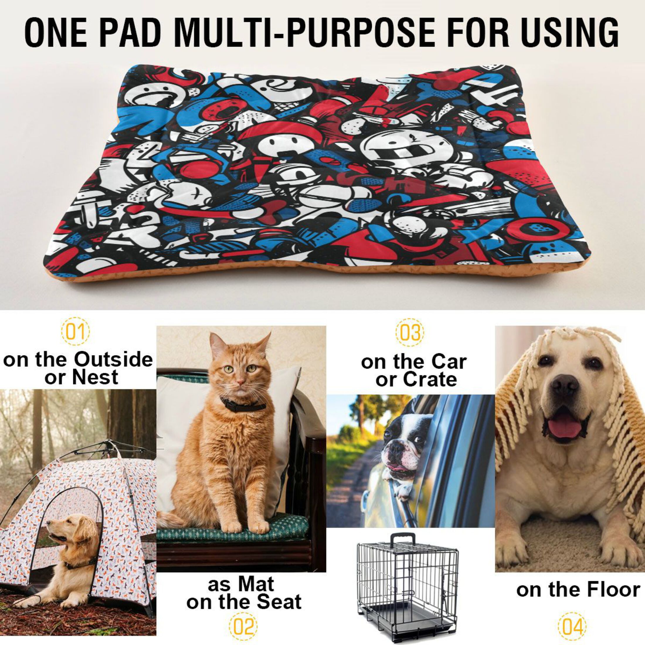 Qxltty Red Blue Graffiti Pattern Ped Pad Wear-resistant and Hard to Bite Through Sleeping Pad for Small Medium Large Dogs Winter Pet Bed 36×24in