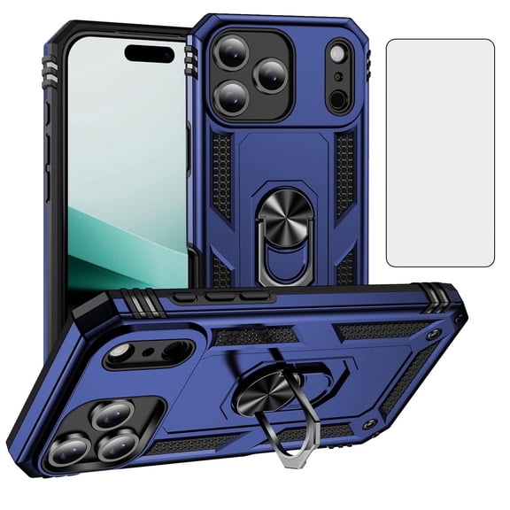 Slim Phone Case compatible with Apple iPhone 17 Pro Max, Tempered Glass Screen Protector,Ring Holder Stand, Hybrid Protective Cover for Women Men