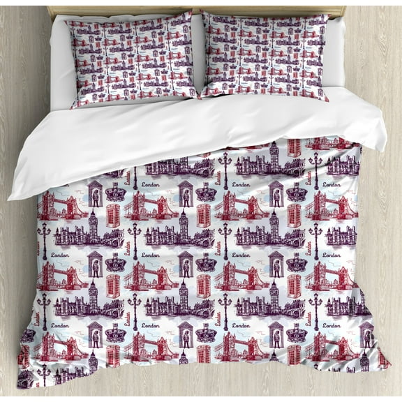 London Duvet Cover Set King Size, Hand Drawing Style Sketchy City with Famous Landmarks Architecture, Decorative 3 Piece Bedding Set with 2 Pillow Shams, Eggplant Maroon Pale Blue, by Ambesonne