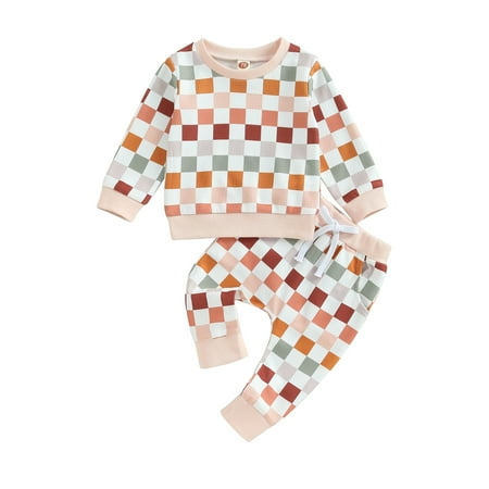 

2Pcs Baby Boy Girls Sweatshirt Tops Pants Set Multi-color Checkered Plaid Print Sweatsuit Fall Winter Outfits