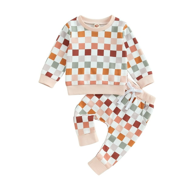 xiaxaixu Baby 2Pcs Fall Outfits Long Sleeve Checkerboard Print Sweatshirt and Pants Set Toddler Clothes