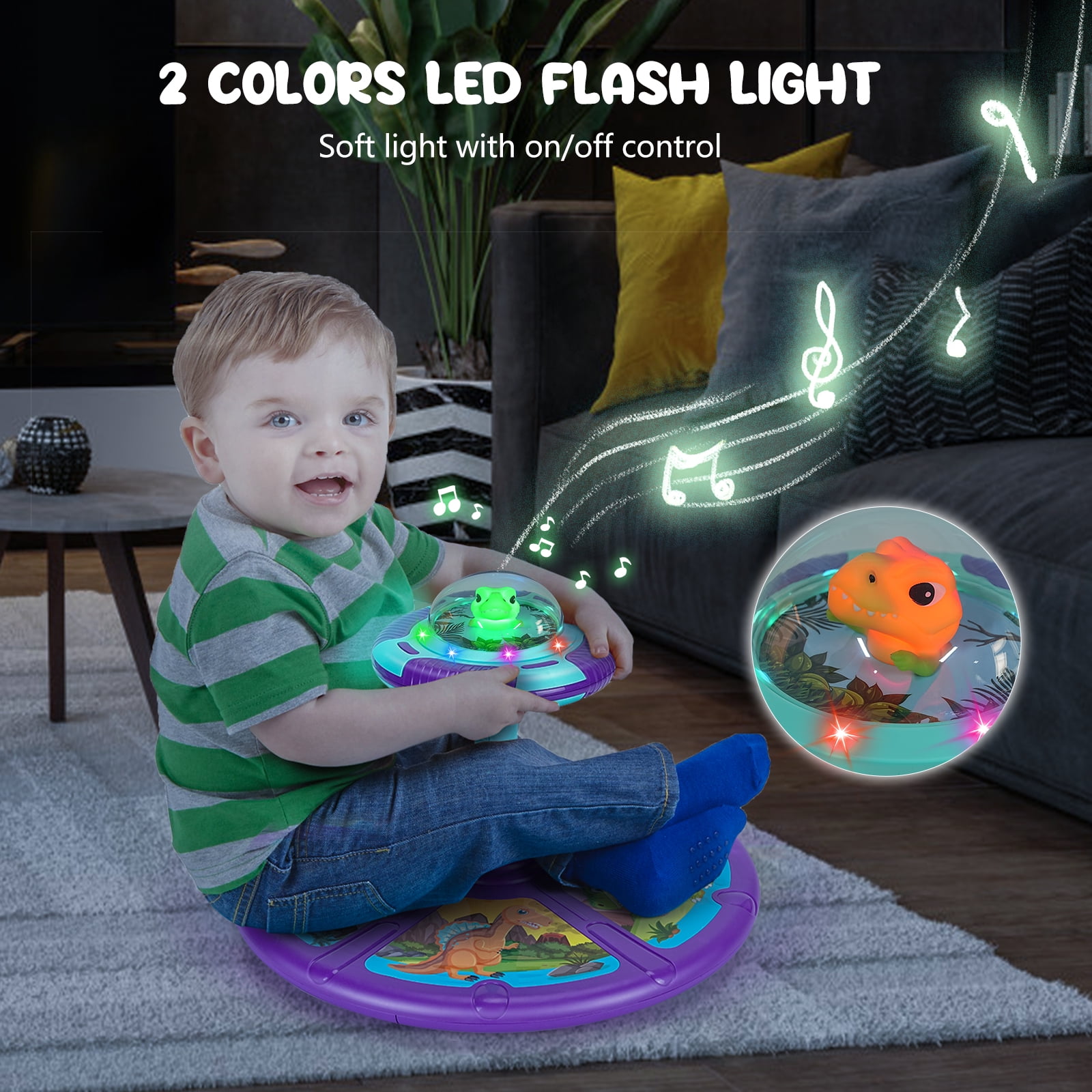 Dinosaur Sit and Spin Toys for Toddler Boys Age 1 2 3 with LED & Music, Birthday Gift for Boy Girl Age 2-4, 18+ Months
