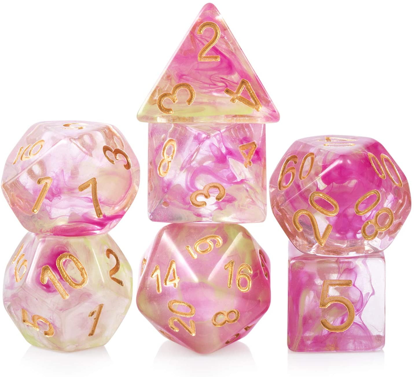 3 Matching Bags Pink Yellow Green Marble 3 NEW Sets of 7 Polyhedral Dice 