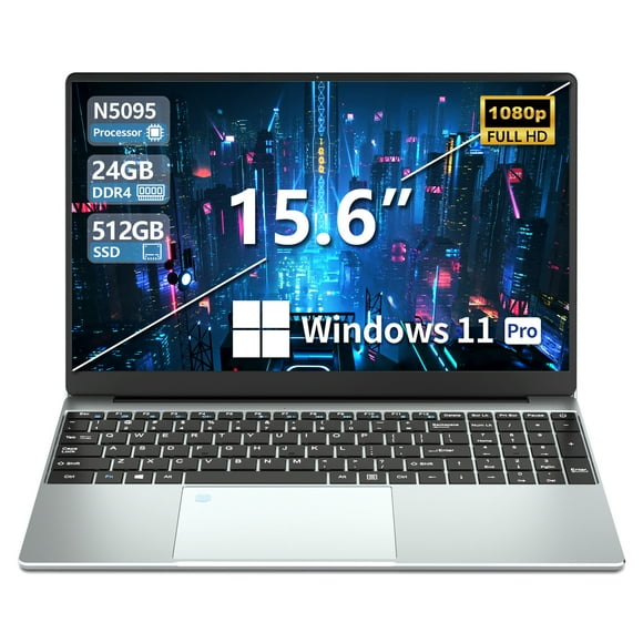 KUU 15.6 inch Windows 11 Laptop 24GB DDR4 512GB SSD with Intel Celeron N5095 FHD 1920x1080, Silver