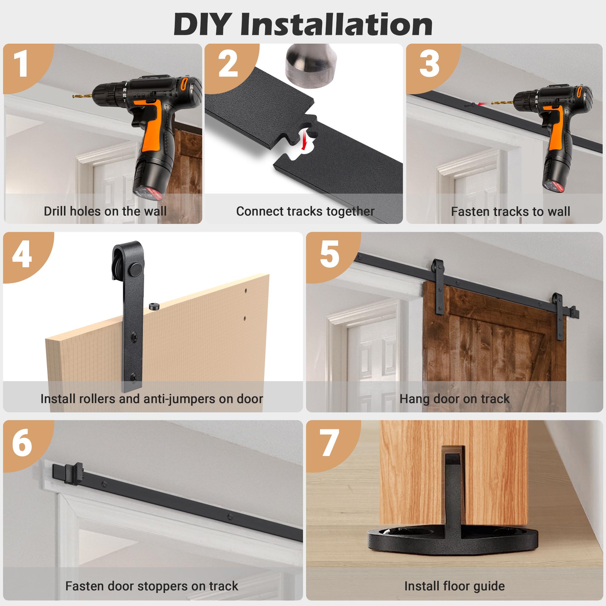 Aquaterior 8ft Sliding Barn Door Hardware Kit Single Door Hang Black Finsih 6x Tracks Count per Pack