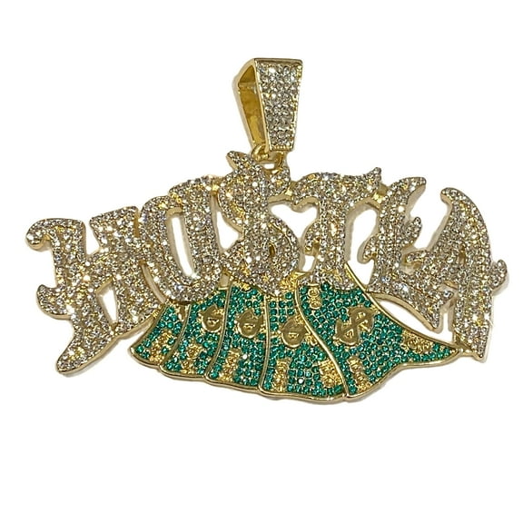 Old English "Hustla" Cash Money Green Bills Hip Hop Pendant 14K Gold Finish Flooded Out Charm