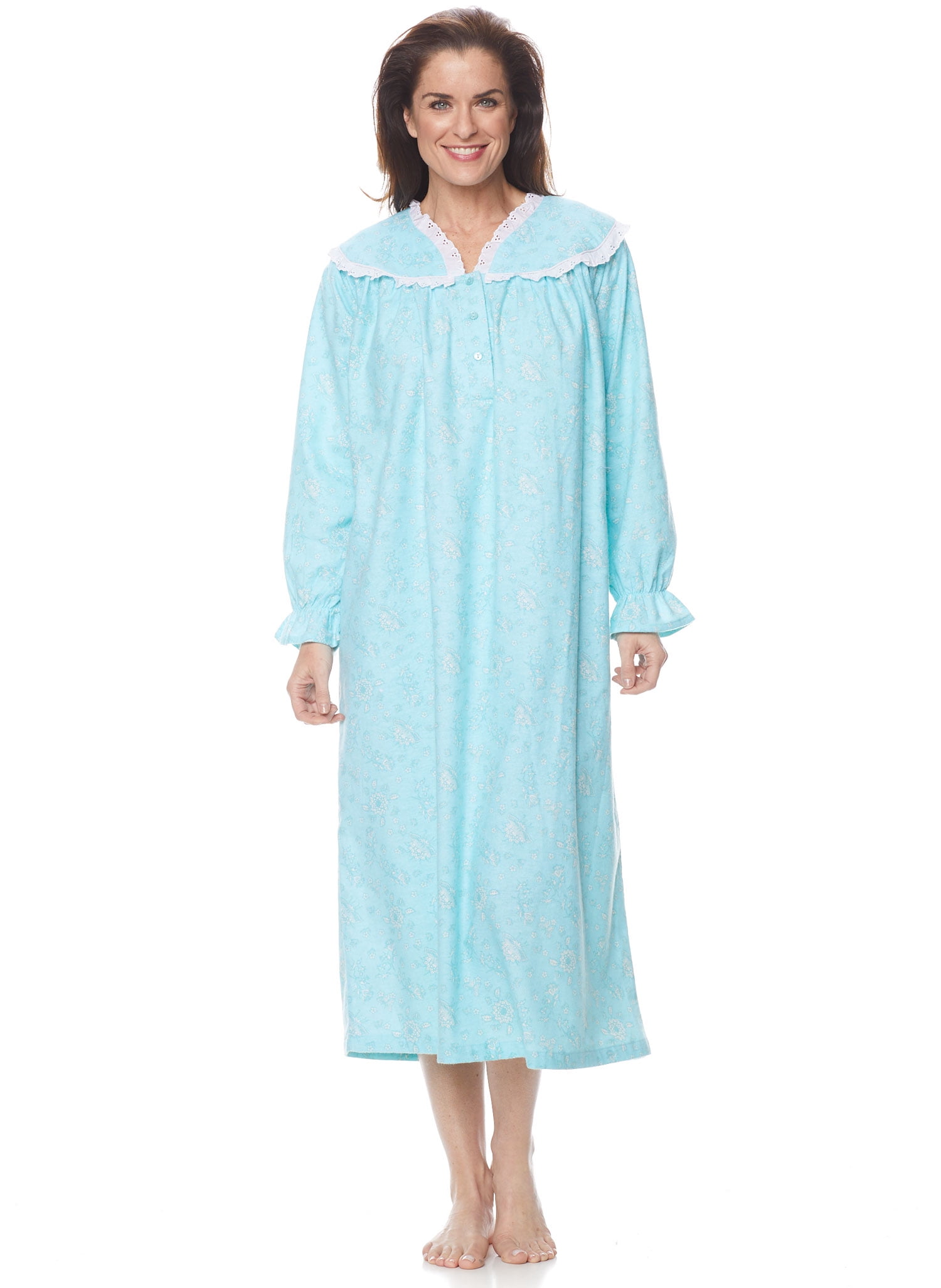 AmeriMark Womens Flannel Long Nightgown w//Eyelet Lace Trim Neckline /& Buttons
