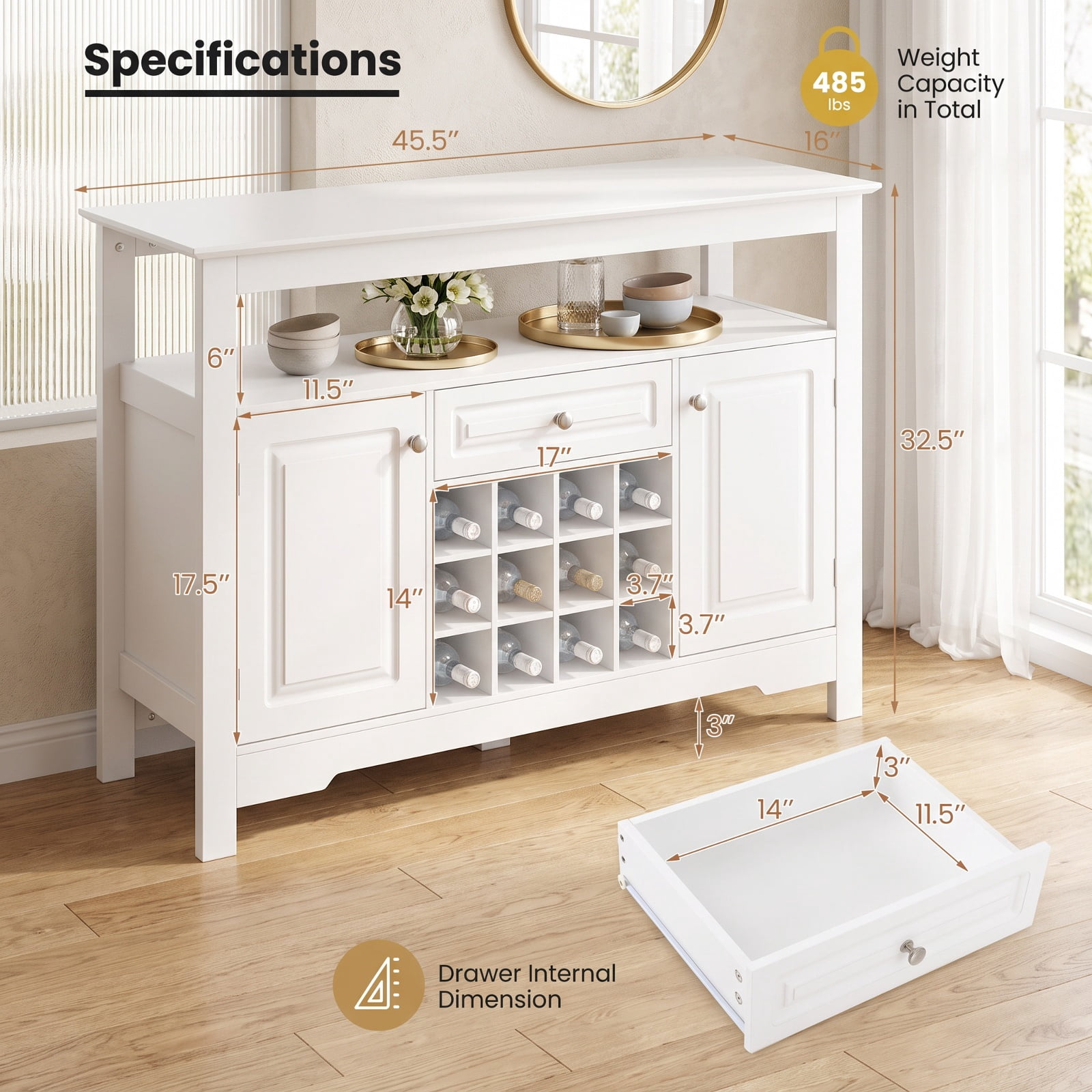 Furnibear Buffet Sideboard Wine Liquor Coffee Bar Cabinet with Removable Wine Rack for Kitchen Dining Living Room Buffet Storage Server, White