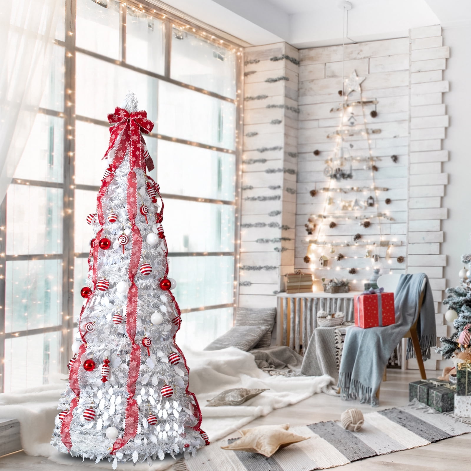 Astoutdoor 6 ft Pre-lit Christmas Tree, Pop Up Artificial Xmas Tree with 100 Warm Lights and Red Ornaments, White