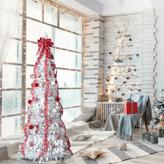 Xilee 6.5 Ft Flocked Prelit Pop Up Christmas Tree with Timer & 8 Modes 100 Warm White Lightsand Red Ornaments , Pre Decorated Xmas Tree for Home Office Apartment Party Holiday Decor,White