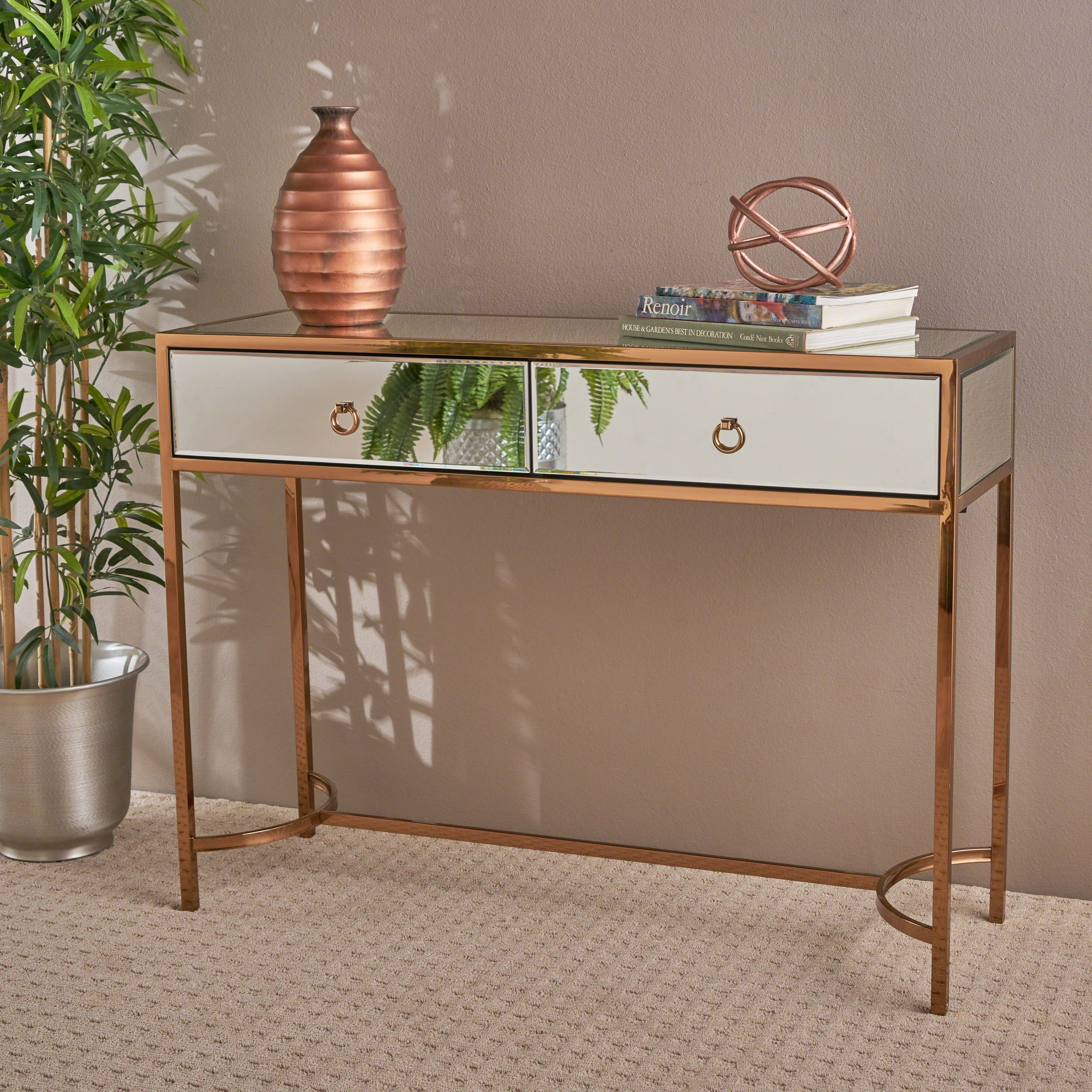 Rose gold console on sale table with drawers