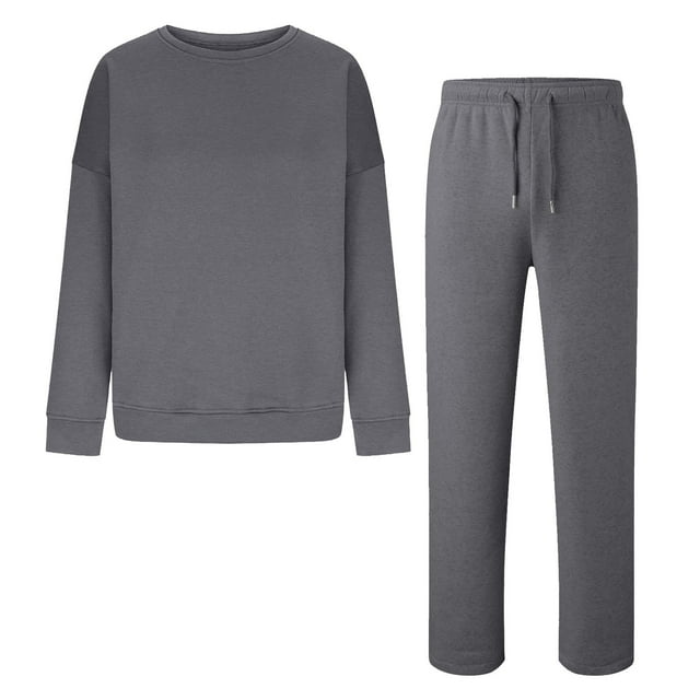 Ensemble de Survêtement Décontracté pour Femmes Élégant, Haut à Manches Longues Col Rond et Pantalon Grand Fluide, Tenue Quotidienne Confortable