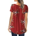 thumbnail image 4 of QELUSQELUS Women T-Shirt Short Sleeve Buttons Round Neck Pleated Floral Daytime Blouse, 4 of 4