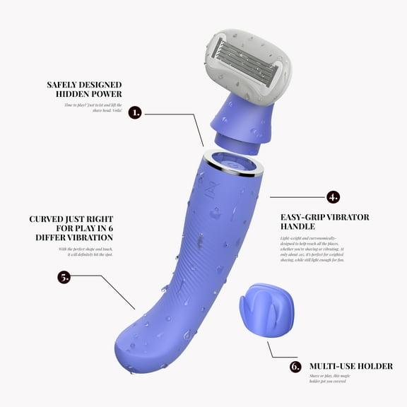 Freya Vee Razor Vibe 2-in-1 Starter Kit, 2 blades refills. Safely designed vibrator handle personal messager, 6 modes, Body-safe silicone curved. IP7 Water resistant. Quiet & Discreet for travel